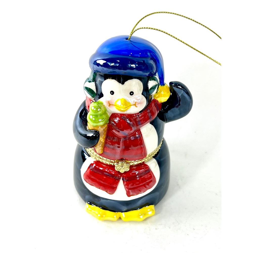 Mr Christmas Penguin Musical Ornament Trinket Box Ceramic Blue Hat Red Scarf